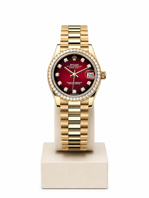 Rolex Datejust Diamond Bezel – 18K Yellow Gold with Burgundy Dial