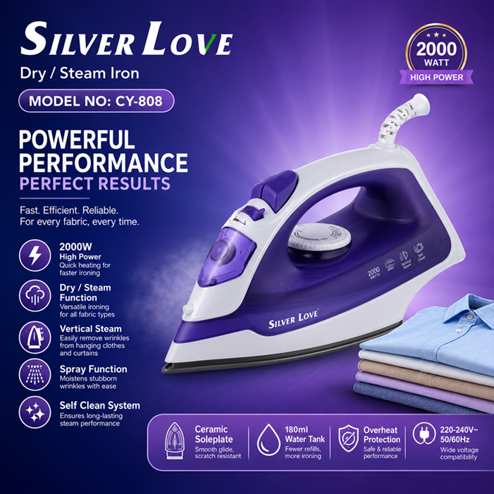 Silver Love CY-808 Dry & Steam Iron – 2000W High Power Ceramic Soleplate